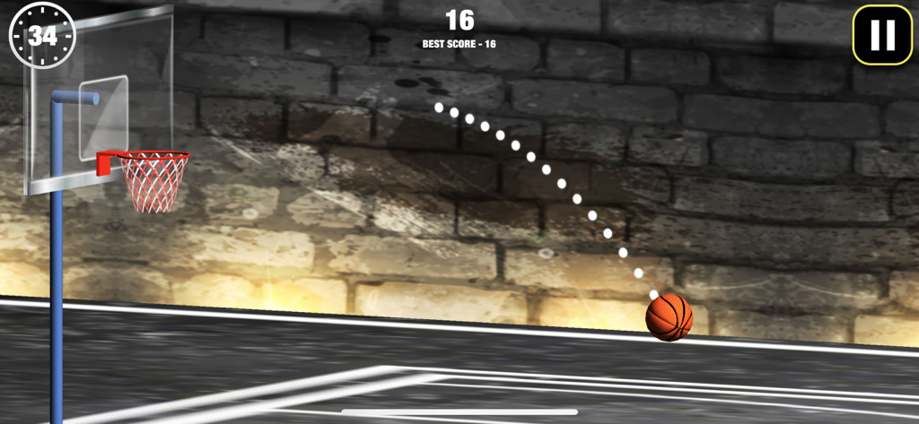 Basketball Shooting Game: Dunk - Juego de baloncesto estilo arcade que muestra una línea de trayectoria y una canasta contra un fondo de pared de ladrillos