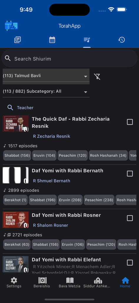 TorahApp-Oberfläche mit einer Liste von Talmud-Bavli-Schiurim von verschiedenen Rabbinern