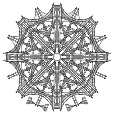 Unleash your creativity with this extraordinary coloring page, where the majestic architecture of suspension bridges meets the calming symmetry of a mandala. Experience a truly unique design that promises hours of intricate and satisfying coloring.