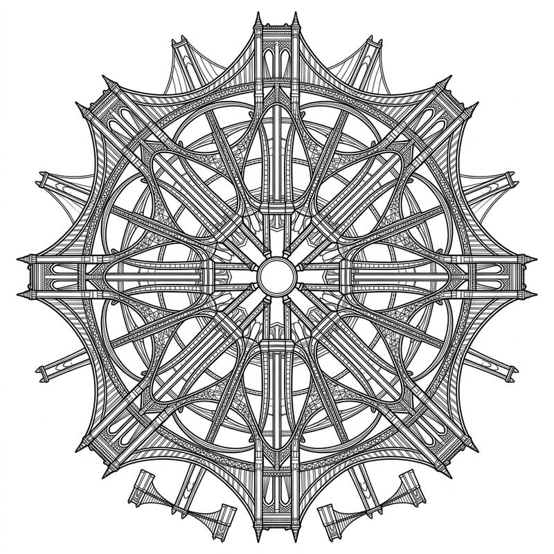 Unleash your creativity with this extraordinary coloring page, where the majestic architecture of suspension bridges meets the calming symmetry of a mandala. Experience a truly unique design that promises hours of intricate and satisfying coloring.