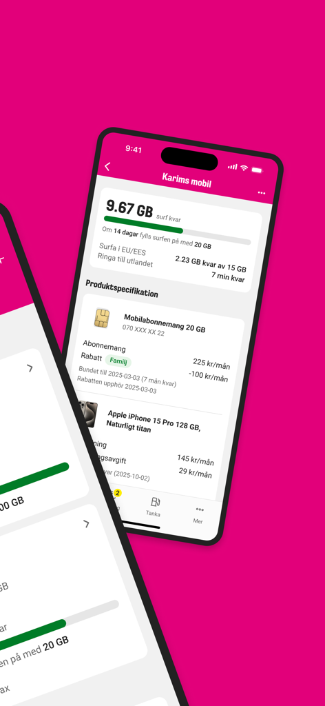 Eine mobile App-Oberfläche von Comviq, die das Guthaben für die Datennutzung und Details zum Abonnementplan in schwedischer Sprache anzeigt.