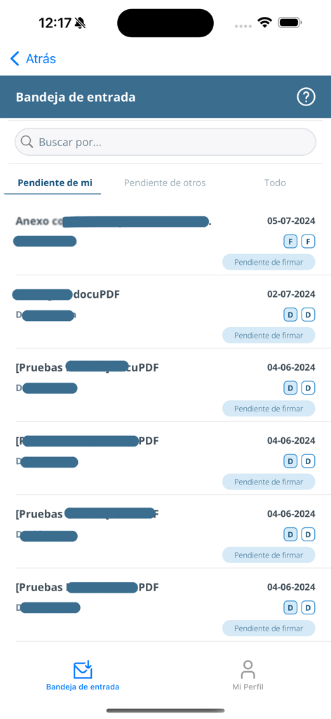 SealSign - SealSign app inbox screen displaying a list of documents pending for digital signature.