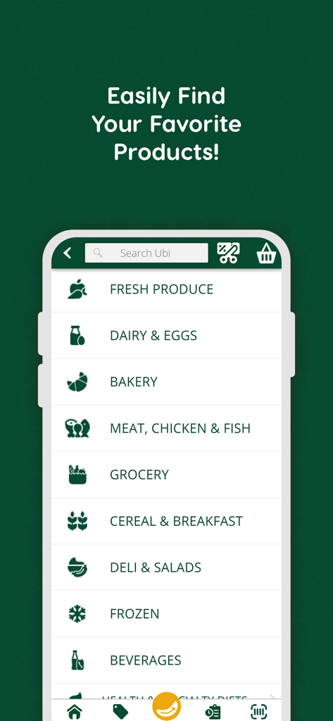 Ubi: Shop Different - Ubi mobile app interface showing a list of grocery categories including fresh produce dairy and bakery