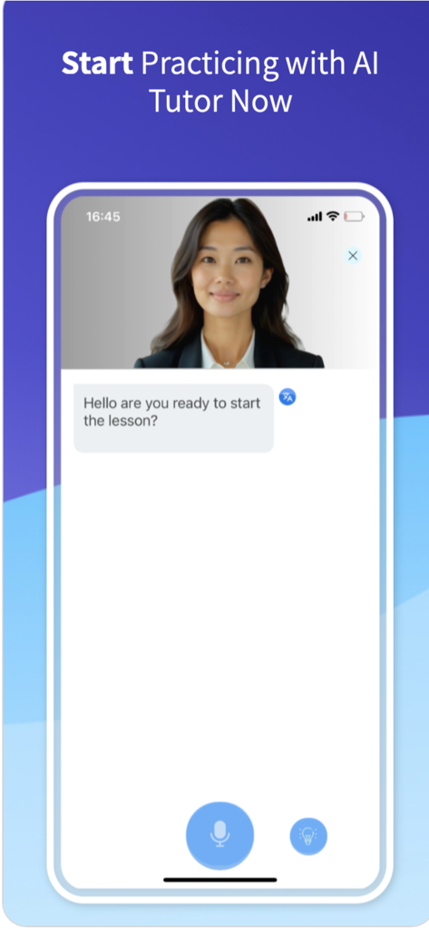 Learn English with Ai speaker - Una interfaz digital de la aplicación Learn English with AI speaker que muestra una tutora de IA femenina lista para iniciar una lección de conversación.