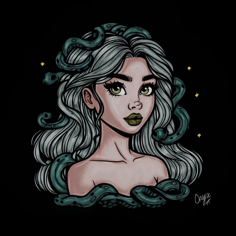 realistic girl with snakes as hair