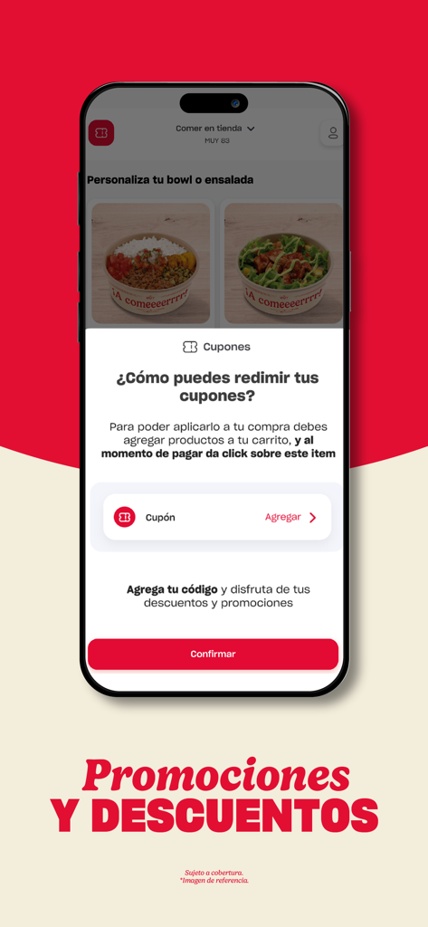 Interface of the MUY food app showing coupon redemption instructions and promotional discounts
