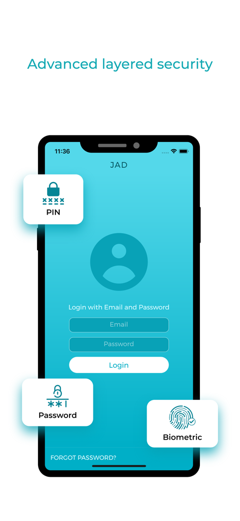 JAD Cash - JAD Cash login screen featuring layered security with PIN password and biometric options