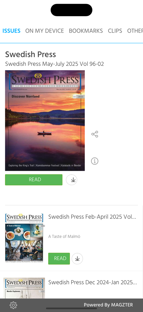 Swedish Press - Swedish Press app displaying a list of digital magazine issues including the Discover Norrland edition