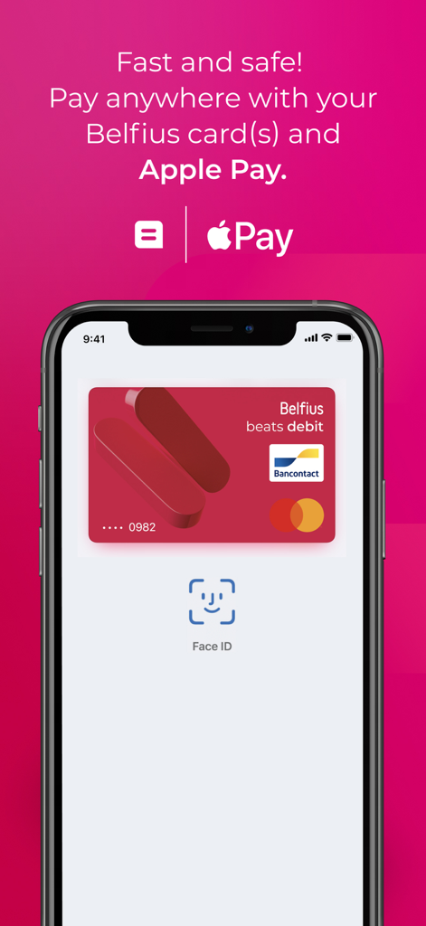 Capture d'écran de l'application Belfius Mobile montrant l'intégration d'Apple Pay avec une carte de débit et l'authentification Face ID