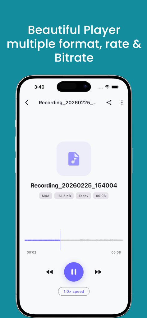 EchoNote voice recorder app audio player interface showing waveform and playback speed control