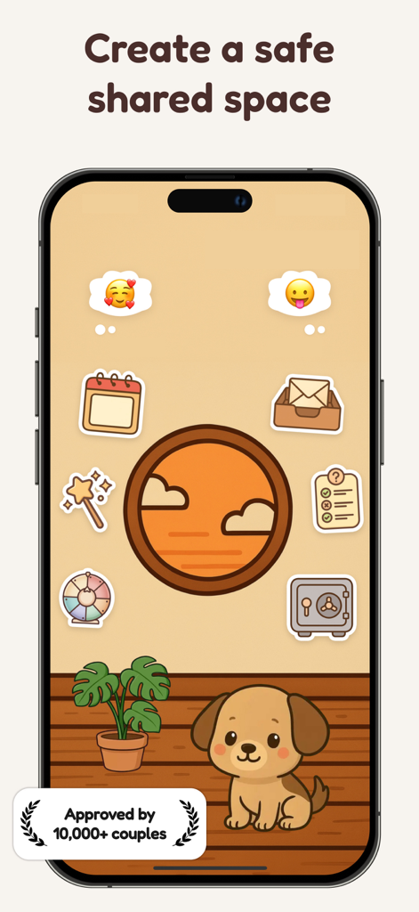 Pookie - Raise a shared pet - Interfaz de la app Pookie que muestra una sala digital compartida para parejas con un cachorro virtual y varios iconos de actividad