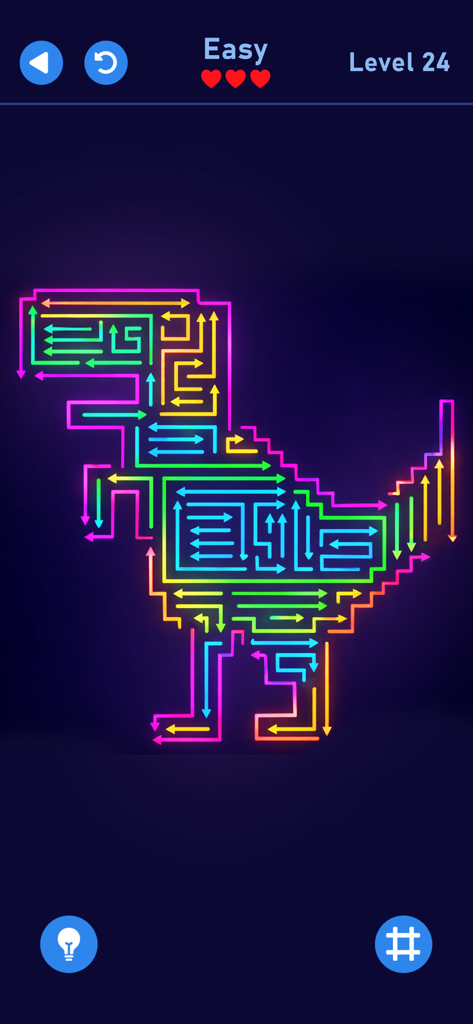 Arrow World - Puzzle Out Game - Un dinosaurio de neón en forma de puzzle hecho de flechas de colores en el juego Arrow World