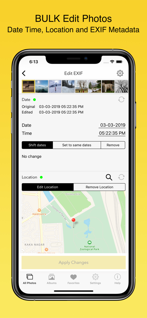 Interface d'édition en masse des métadonnées dans l'application EXIF ​​Viewer affichant les outils de modification de la date, de l'heure et du lieu