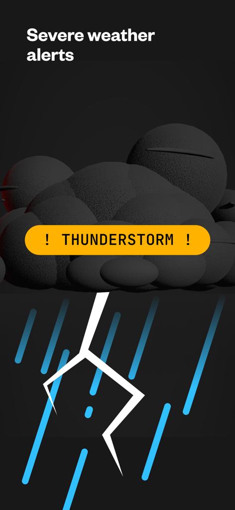 Severe weather alert interface for a thunderstorm in the Not Boring Weather app featuring a 3D dark cloud and a lightning bolt.