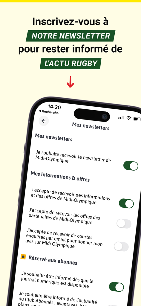 Pantalla de configuración de suscripción al boletín en la aplicación Rugbyrama mostrando varias opciones de activación para noticias y ofertas de rugby.
