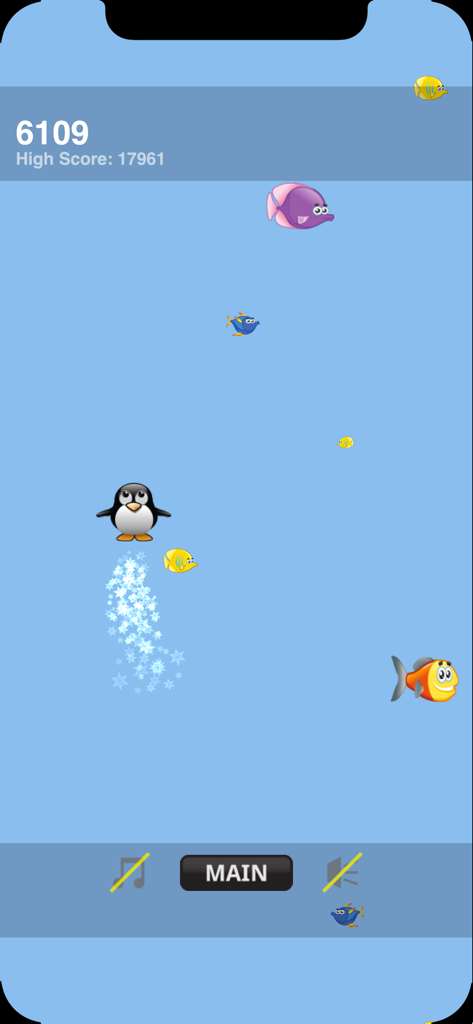 Peppy The Penguin Airborne - Ein Zeichentrickpinguin springt in einem blauen Himmel nach oben, um bunte Fische in einem mobilen Arcade-Spiel zu fangen.