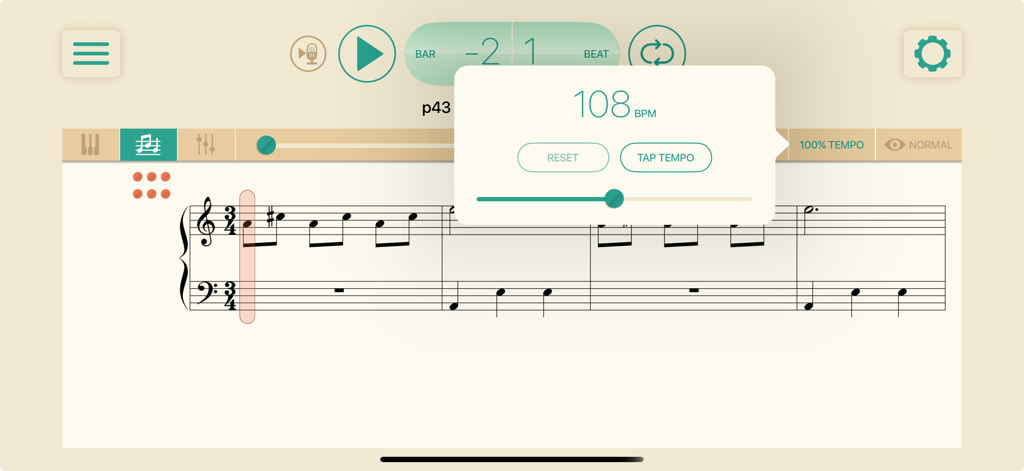 Piano Adventures® Player - Digital sheet music score and tempo control settings in the Piano Adventures Player app