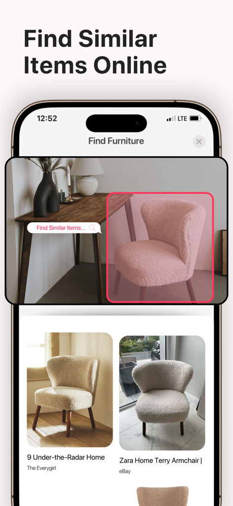 AI Home Design - AI Interior - Interfaz de una aplicación que muestra la identificación de muebles con IA y resultados de búsqueda en línea para una silla rosa.
