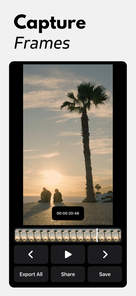 Frame Grabber: Video to Pic - Interface of Frame Grabber app displaying a video of a sunset and options to export or save frames