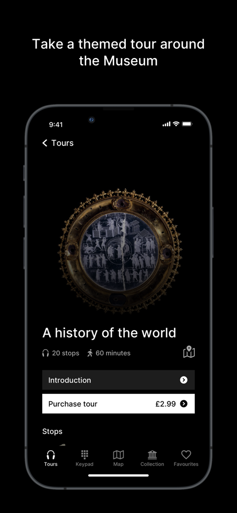 British Museum Audio - Interface of the British Museum Audio app showing a themed tour called A history of the world with an artifact image and tour details