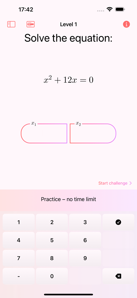 Math Guru - Personal Trainer - Math Guru app interface showing a level one algebra practice screen to solve a quadratic equation