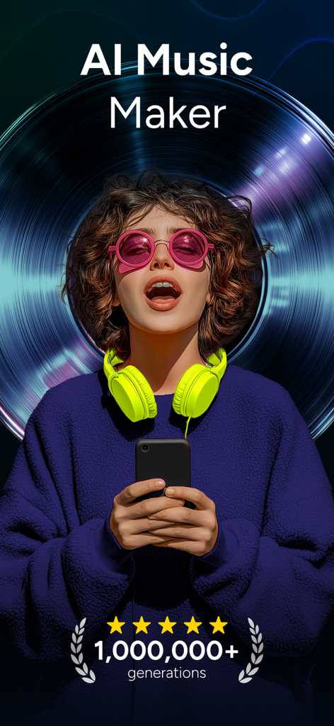 AI Music Maker - Melodia - A woman with yellow headphones and pink sunglasses on the splash screen of the AI Music Maker Melodia app showing 1 million generations.
