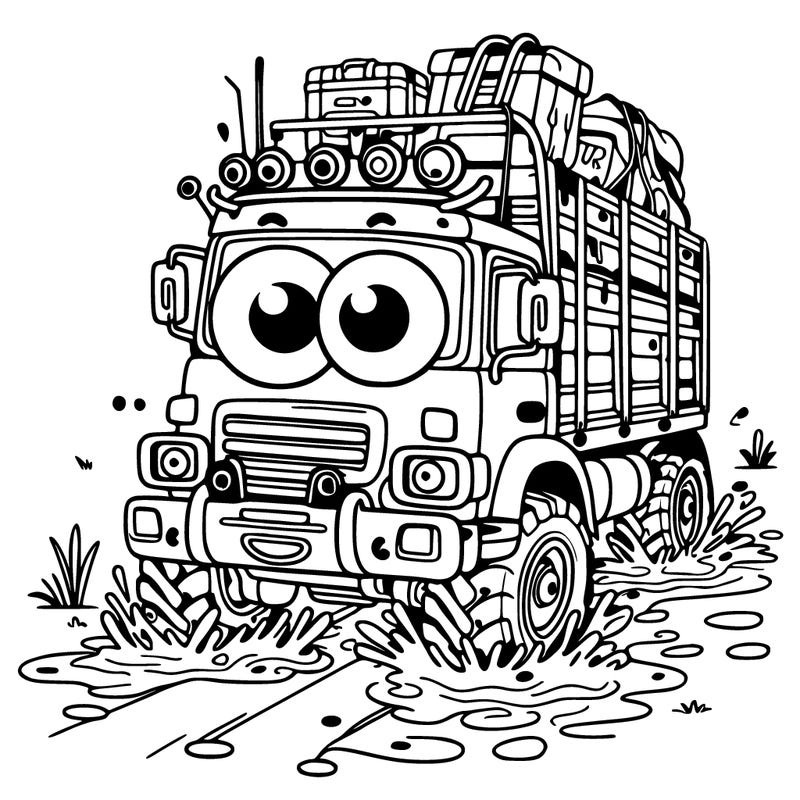 truck car with the eyes instead lights going through mud on road trip in the field with stuff strapped on the roof