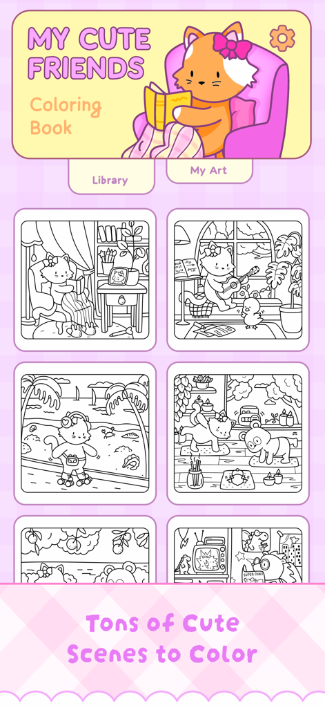 Interfaz de biblioteca de My Cute Friends Coloring Book mostrando varias escenas de animales dibujadas a mano para colorear