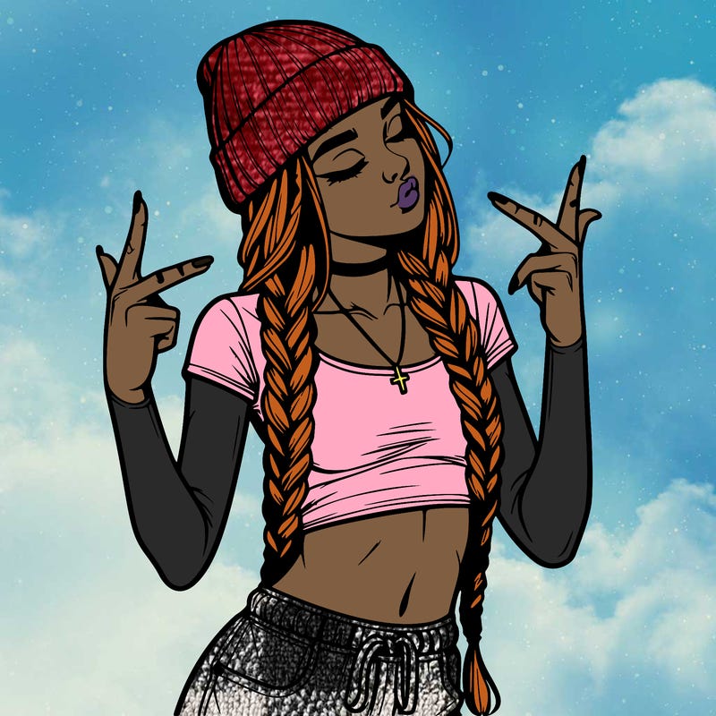realistic teenage girl with braids and a beanie and crop top doing 🫶🏼