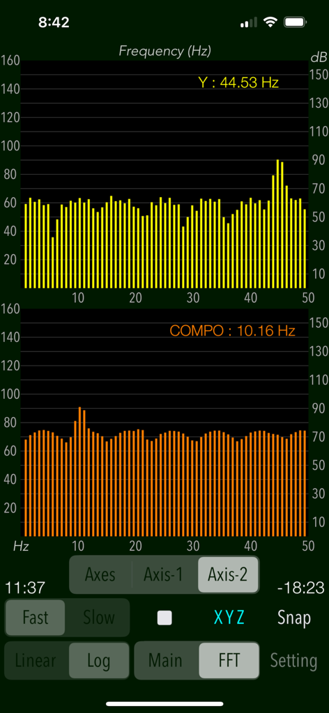 Vibroscope - Vibroscope app interface displaying FFT frequency analysis with dual bar charts