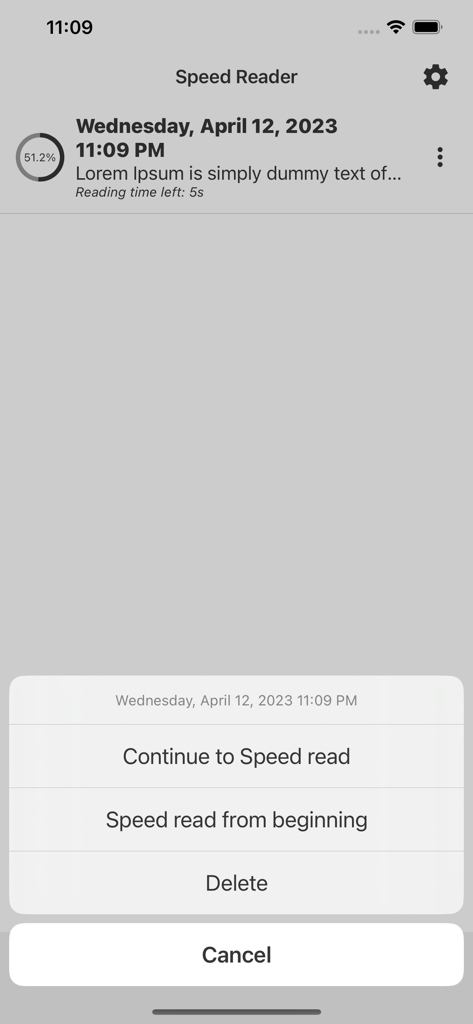 Speed Reader for Speed Reading - Speed Reader app interface showing a menu with options to continue reading from current progress or restart.