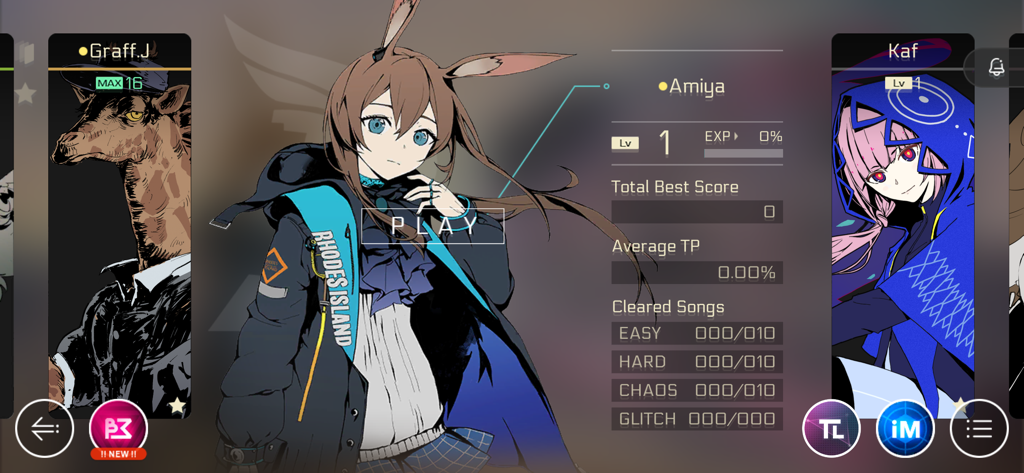 Character selection screen in Cytus II featuring Amiya with stats and level details
