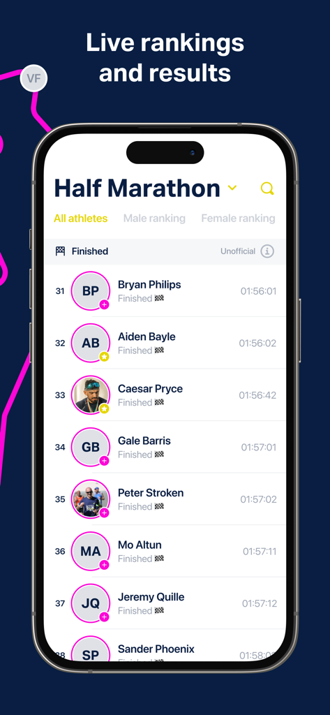 London Landmarks Half Marathon - A mobile screen showing live rankings and results for the London Landmarks Half Marathon with athlete names and finishing times.