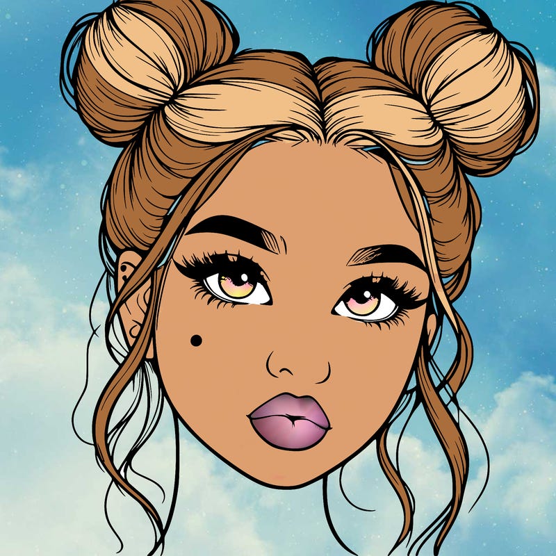 realistic girl with two buns on her hair and lips