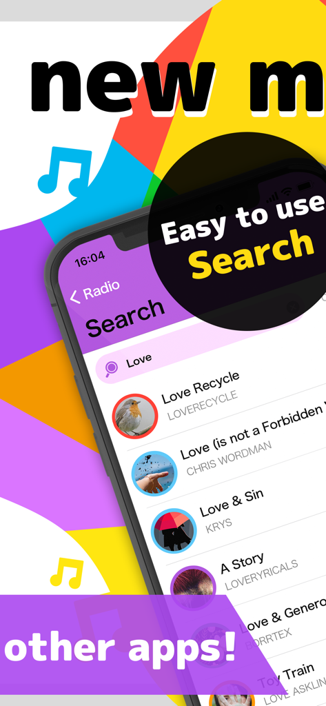 Music Radio FunMusic - stream - Interfaz de búsqueda de la aplicación Music Radio FunMusic mostrando resultados de canciones para la palabra Love