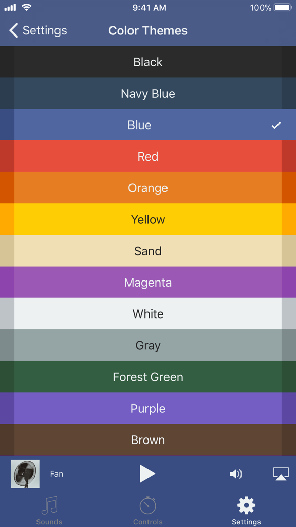 Screenshot of the color theme settings page in the Deep Sleep Sounds Pro app showing a list of different UI color options