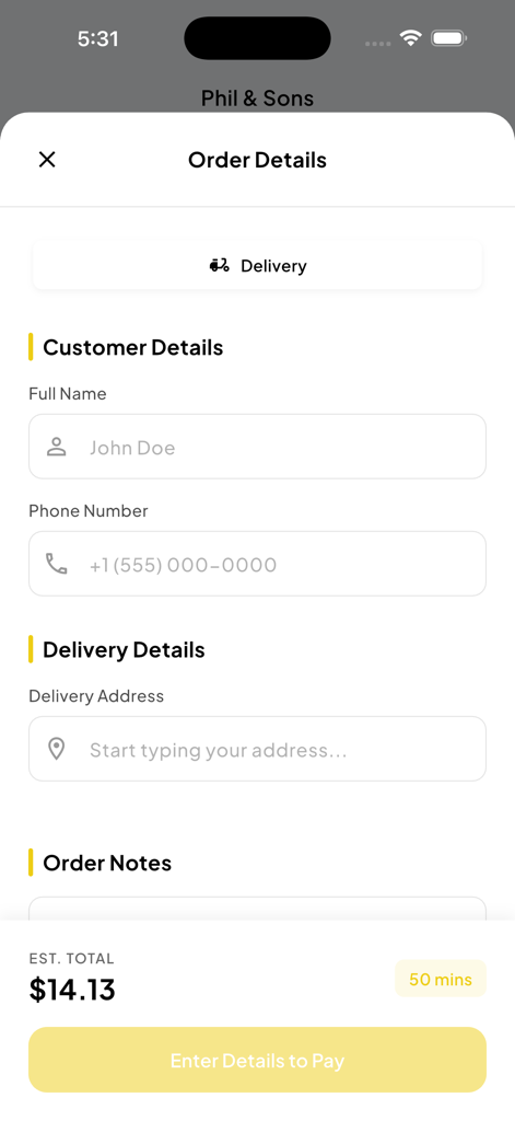 Pantalla de detalles del pedido de la aplicación de pizza Phil and Sons con campos de dirección de entrega e información del cliente