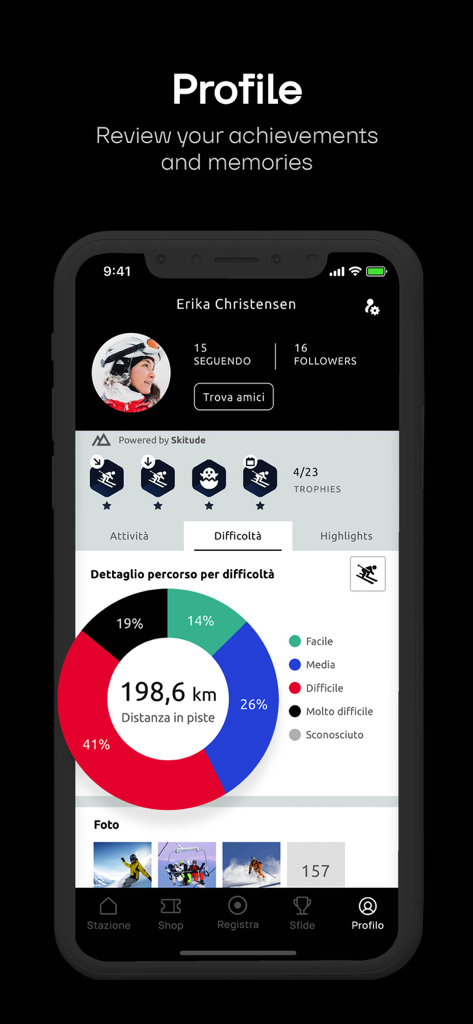 Schermata del profilo utente dell'app Cervino Ski che mostra statistiche di distanza sciistica e suddivisione per difficoltà