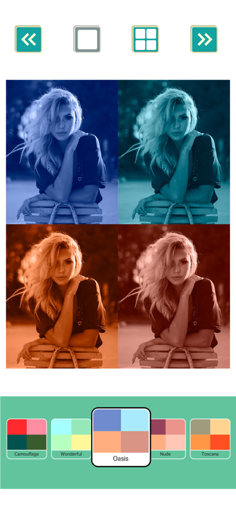 Pop Art filters and effects - A four-panel grid showing a woman's portrait with different color pop art filters applied.