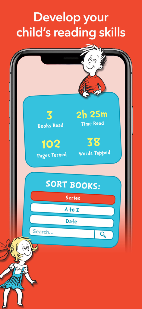 A screenshot of the Dr. Seuss Treasury School app showing reading progress stats and book sorting options.
