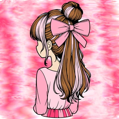 realistic girl  with hip length hair a bun and a big bow on the back of head