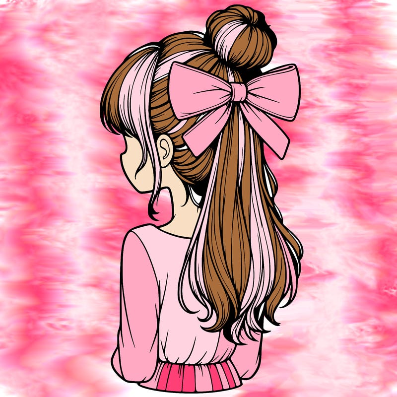 realistic girl  with hip length hair a bun and a big bow on the back of head