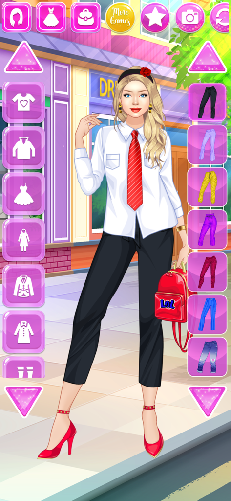 Girl Dress Up Games Offline - Girl character in a white shirt and red tie in a fashion dress up game