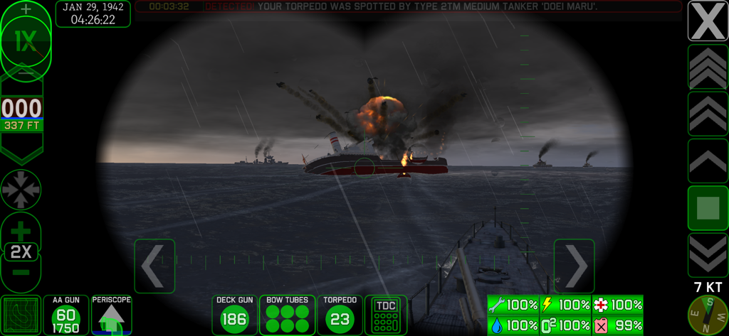 Vista de periscopio de un petrolero enemigo explotando durante una batalla naval en Crash Dive 2.