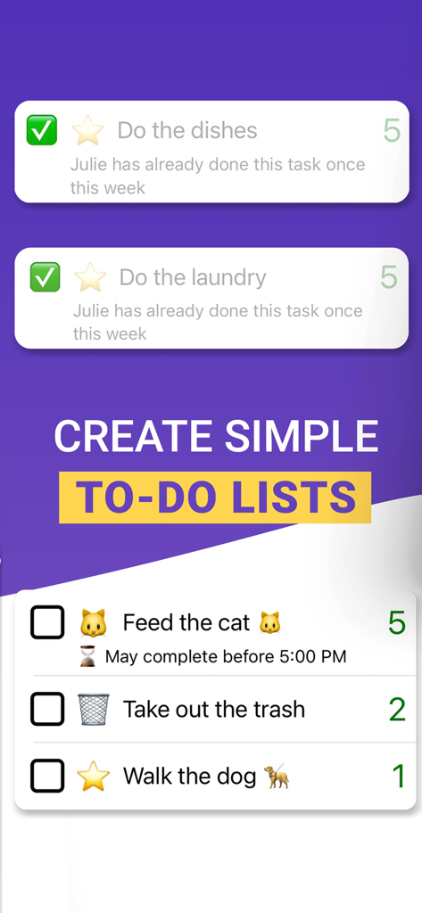 Mobile app interface showing a simple to-do list for children chores with point values