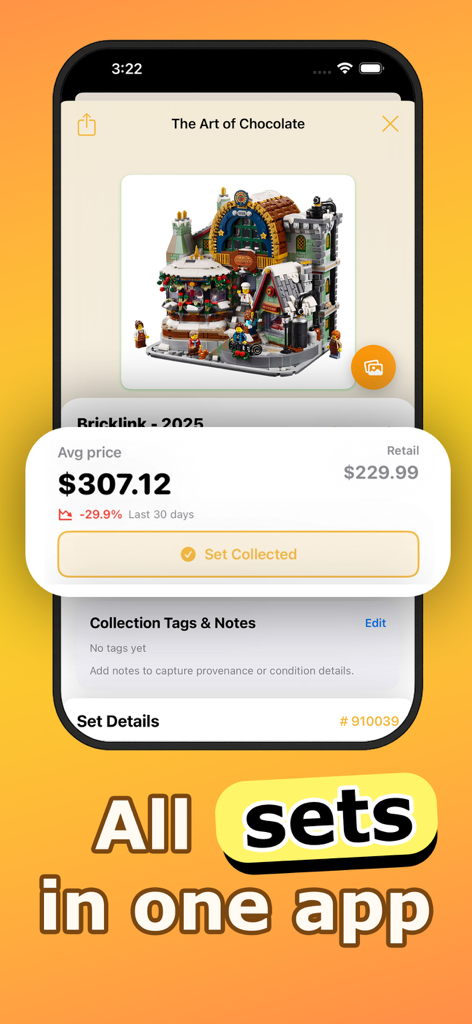 A mobile app screen showing LEGO set details and market value tracking for collectors.