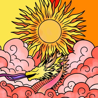 sunrise dragon, sun markings, manga, clouded sky with sun