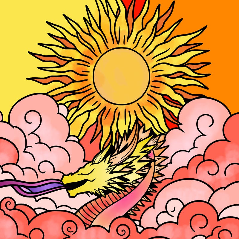 sunrise dragon, sun markings, manga, clouded sky with sun
