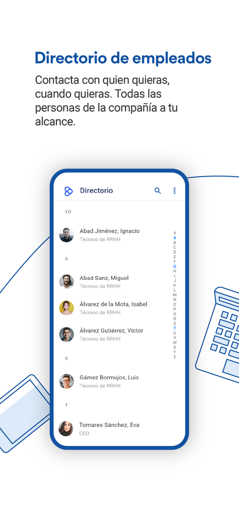 Endalia - Endalia HRアプリのインターフェース。名前と役職を持つ従業員ディレクトリが表示されています