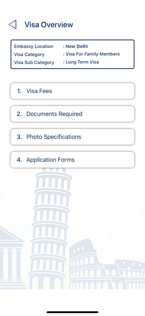 Italy Global app visa overview showing fees and document requirements